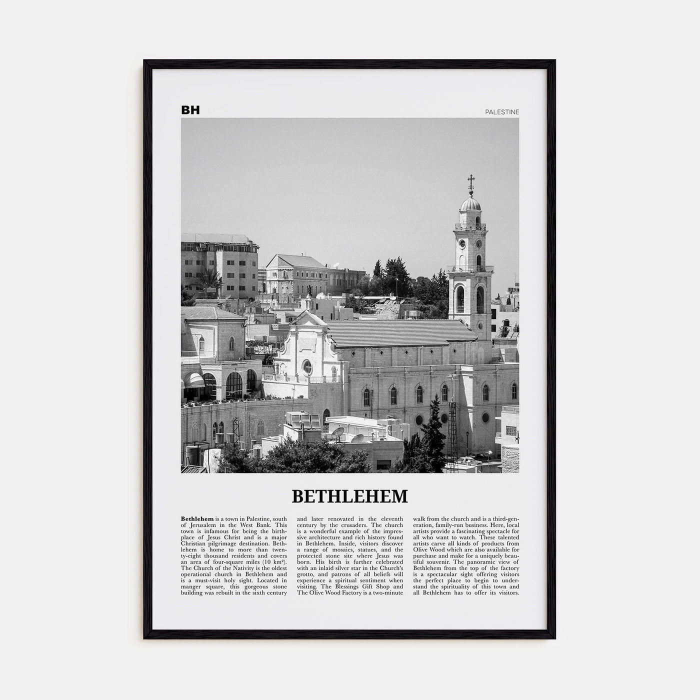 Bethlehem, Palestine Poster Black Wood / 8x12 in Nbourhood Travel B&W Poster