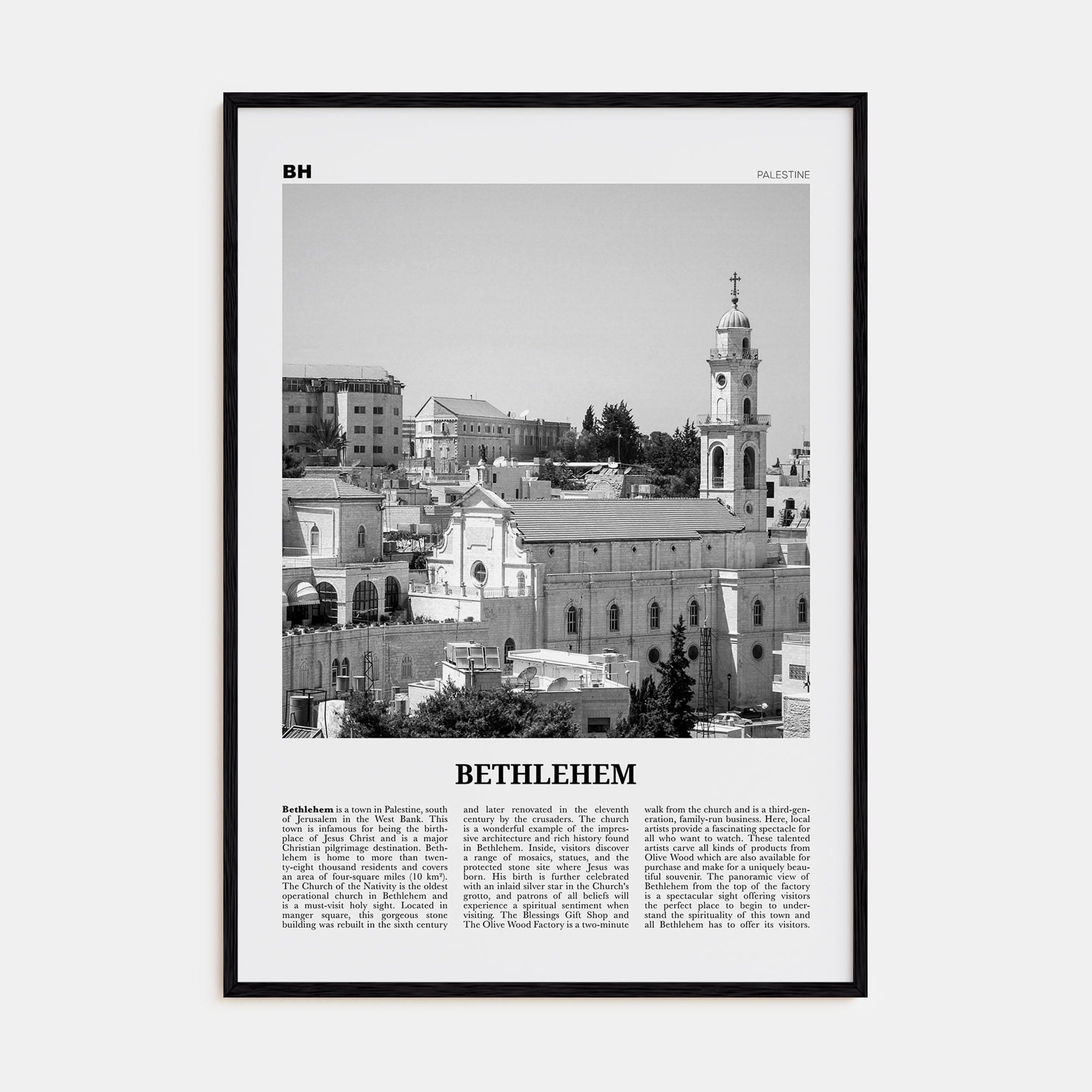 Bethlehem, Palestine Poster Black Wood / 8x12 in Nbourhood Travel B&W Poster