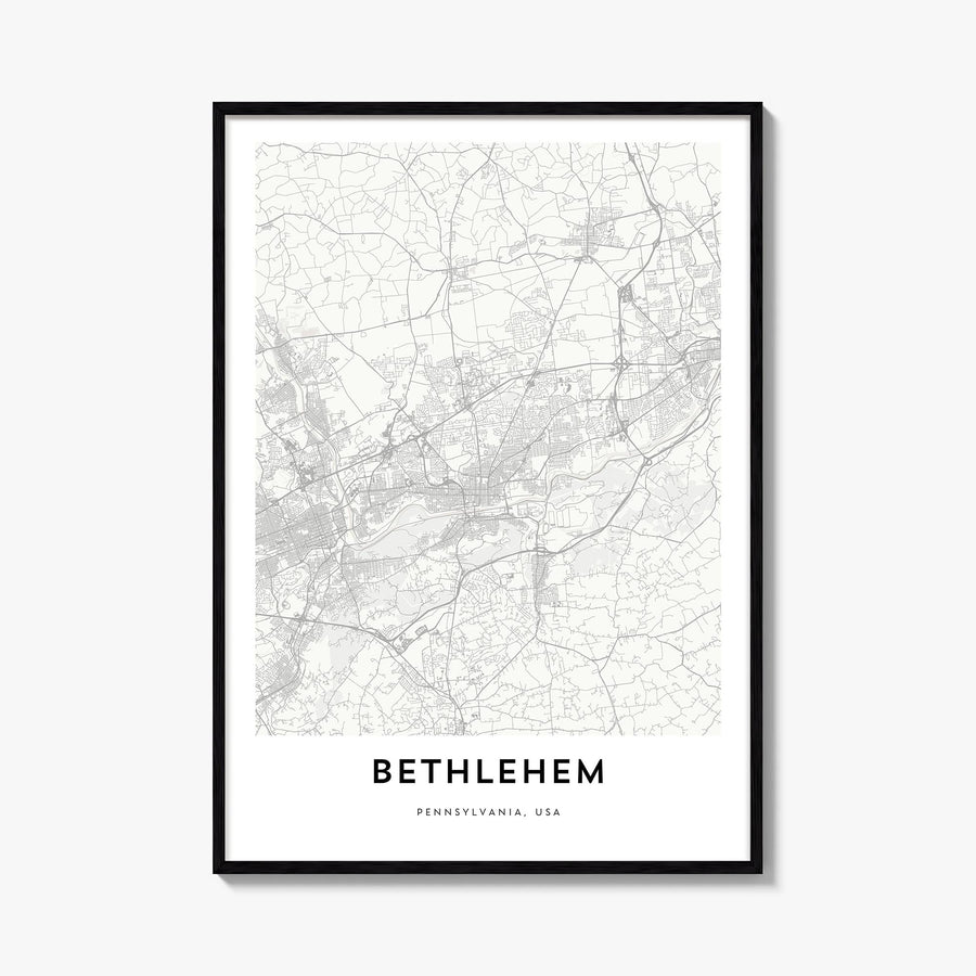 Bethlehem, Pennsylvania black & white map poster of Pennsylvania, USA – vertical wall art, unframed print shown in interior m