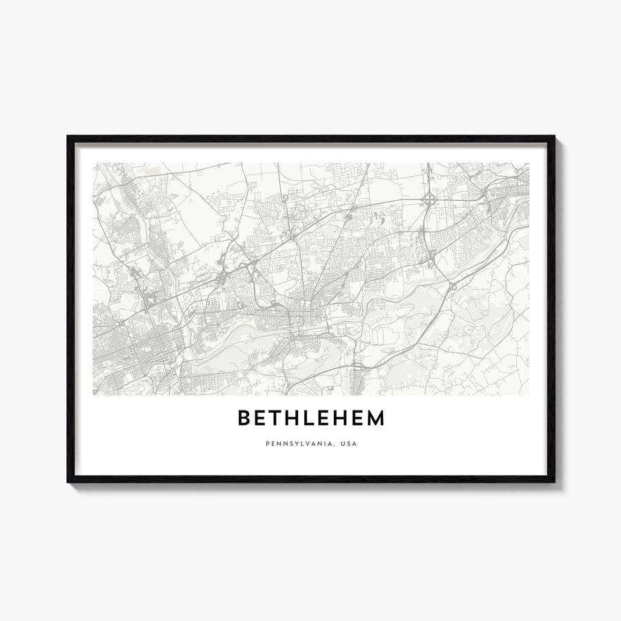 Bethlehem, Pennsylvania black & white map poster of Pennsylvania, USA – horizontal wall art, unframed print shown in interior
