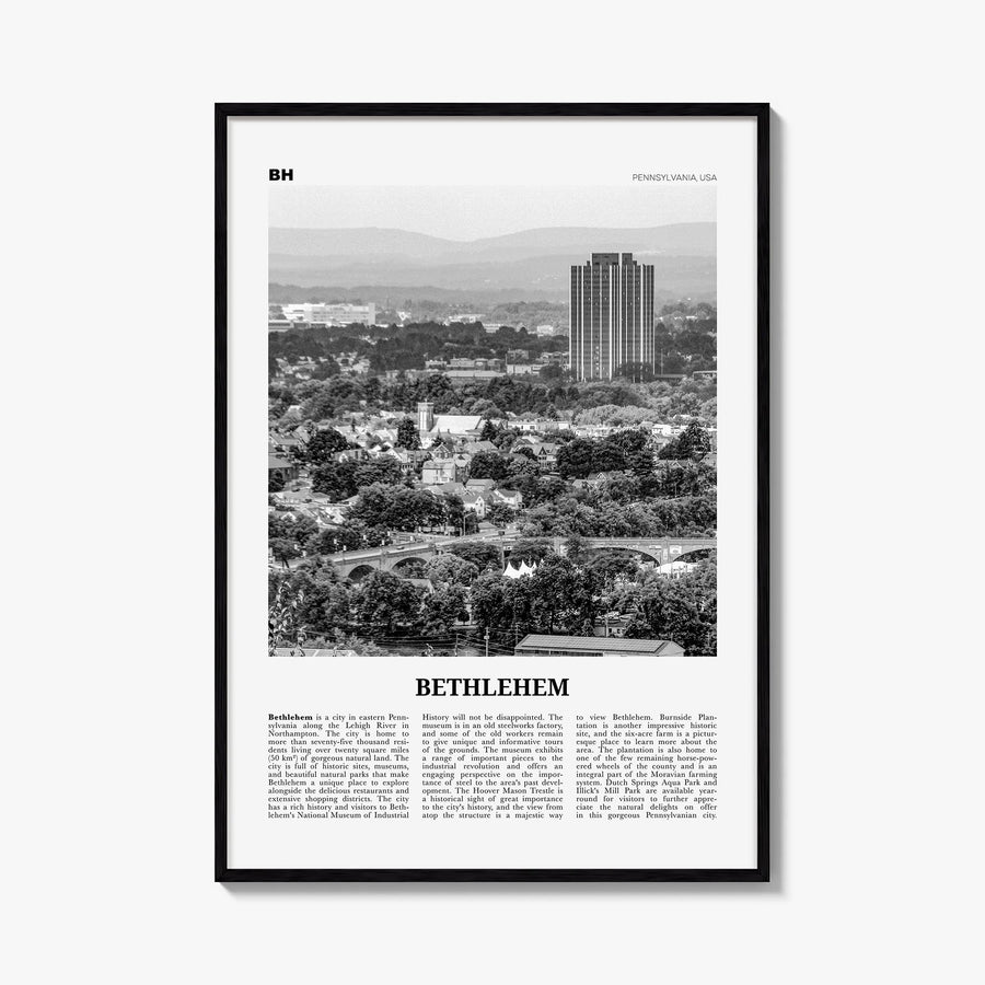 Bethlehem, Pennsylvania black & white newspaper poster of Pennsylvania, USA – vertical wall art, unframed print shown in inte