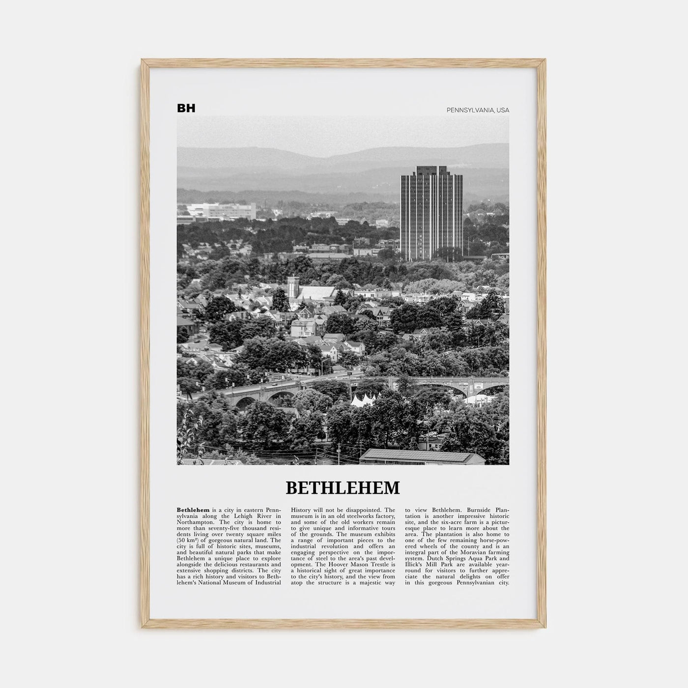 Bethlehem, Pennsylvania Poster Natural Wood / 8x12 in Nbourhood Travel B&W Poster