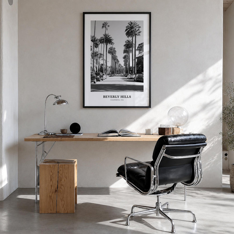 Beverly Hills black & white classic poster of California, USA – vertical wall art in black wood frame, hanging on wall