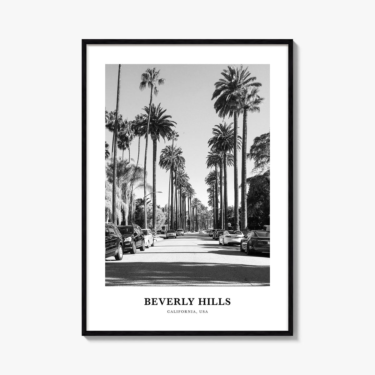 Beverly Hills black & white classic poster of California, USA – vertical wall art, unframed print shown in interior mockup