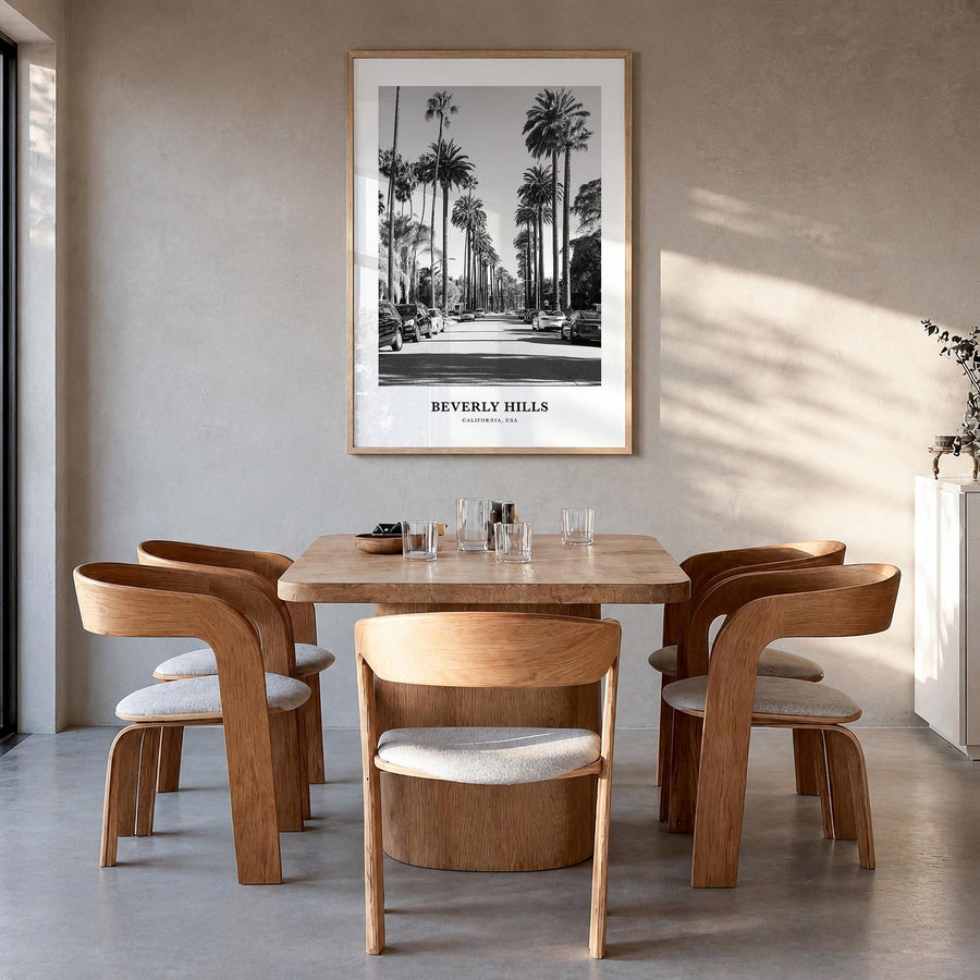 Beverly Hills black & white classic poster of California, USA – vertical wall art in natural wood frame, hanging on wall
