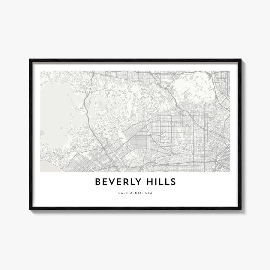 Beverly Hills black & white map poster of California, USA – horizontal wall art, unframed print shown in interior mockup