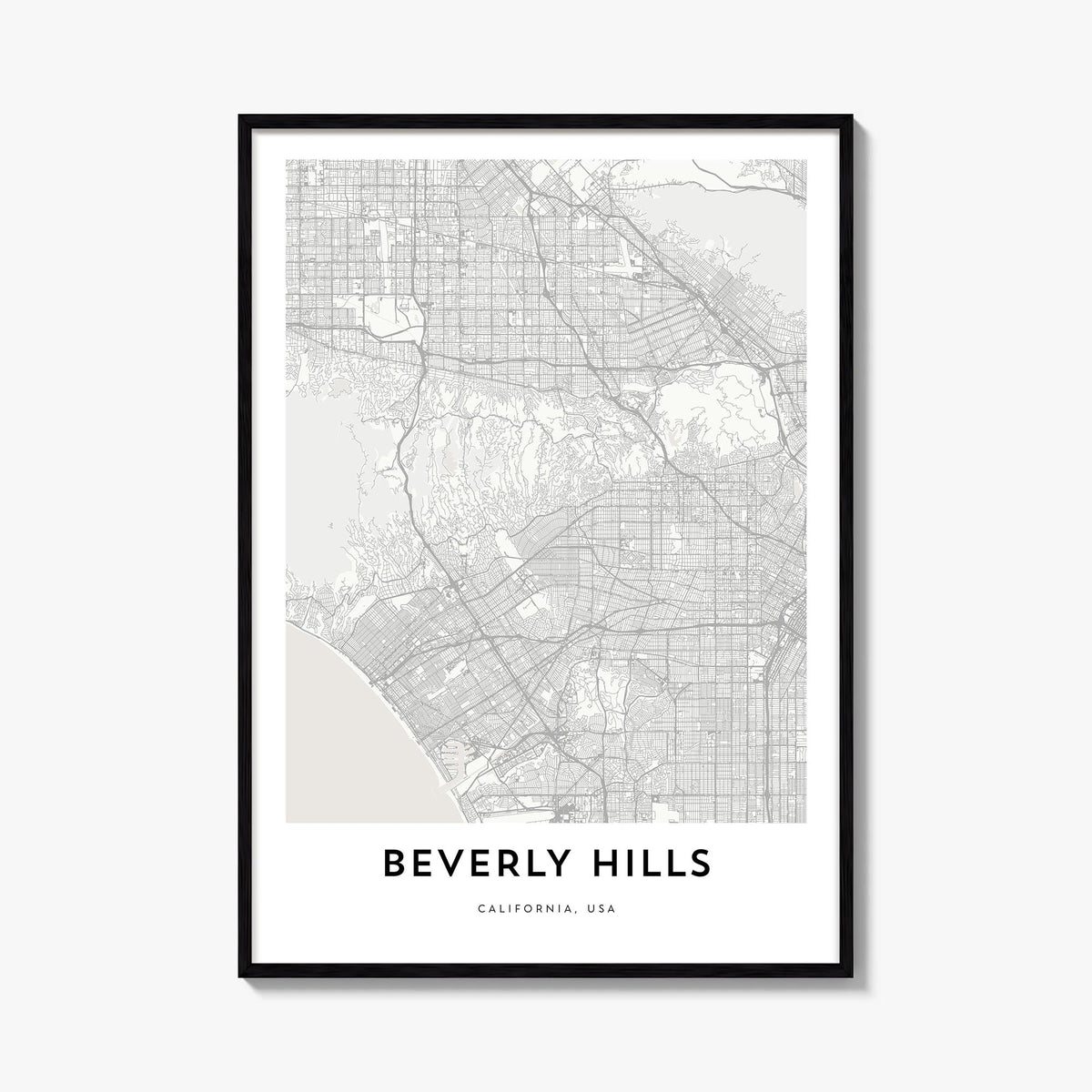Beverly Hills black & white map poster of California, USA – vertical wall art, unframed print shown in interior mockup