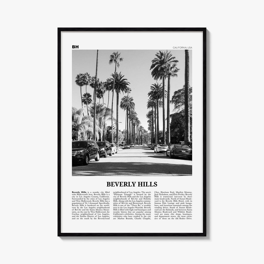 Beverly Hills black & white newspaper poster of California, USA – vertical wall art, unframed print shown in interior mockup