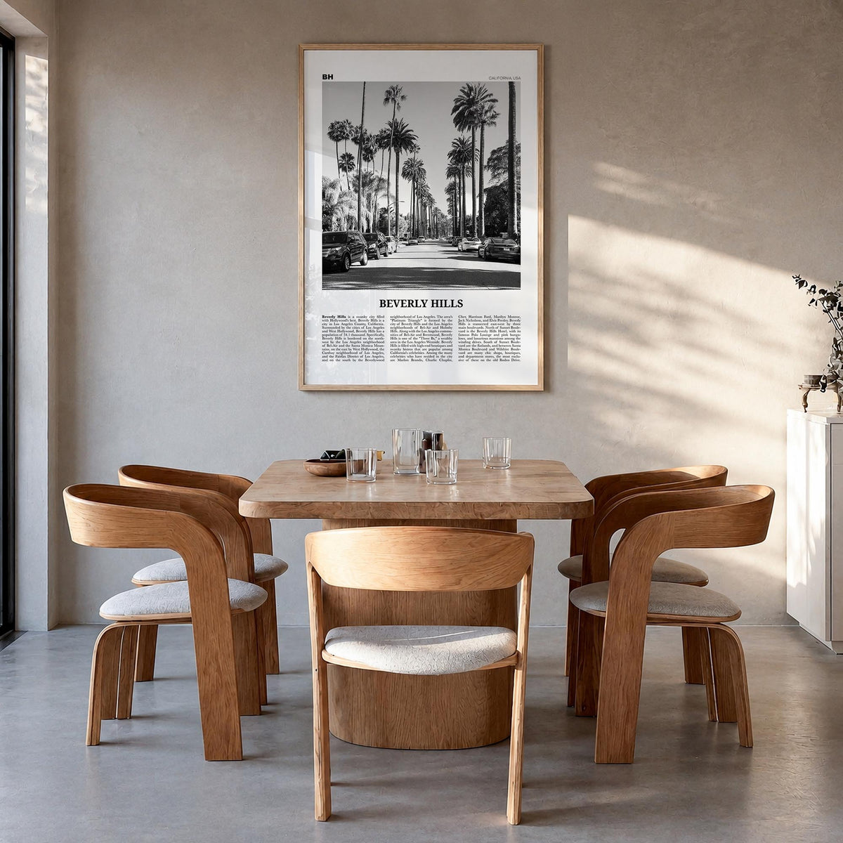 Beverly Hills black & white newspaper poster of California, USA – vertical wall art in natural wood frame, hanging on wall