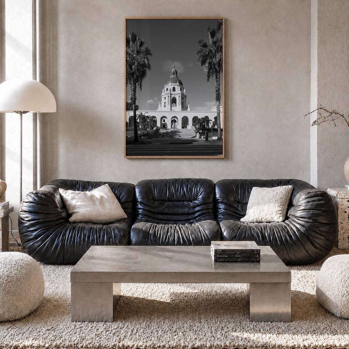 Beverly Hills black & white photo poster of California, USA – vertical wall art in natural wood frame, hanging on wall