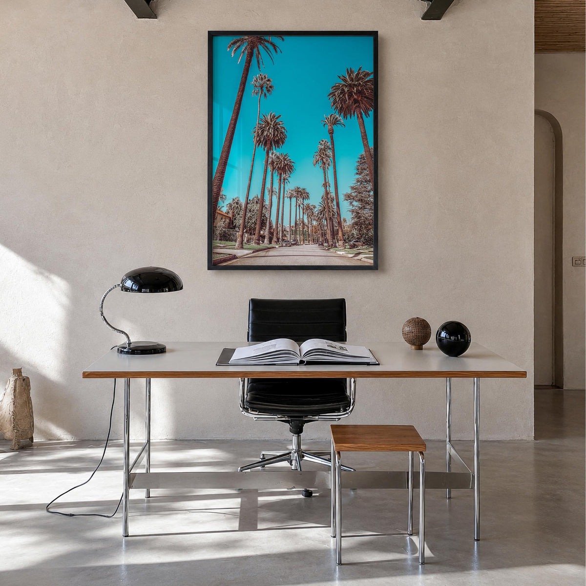 Beverly Hills colorful photo poster of California, USA – vertical wall art in black wood frame, hanging on wall