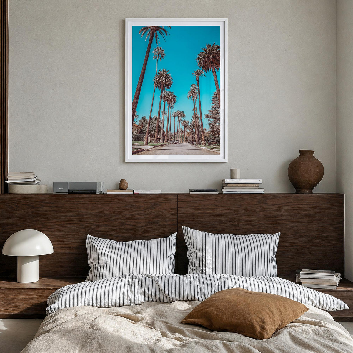 Beverly Hills colorful photo poster of California, USA – vertical wall art in white wood frame with white border, hanging on 