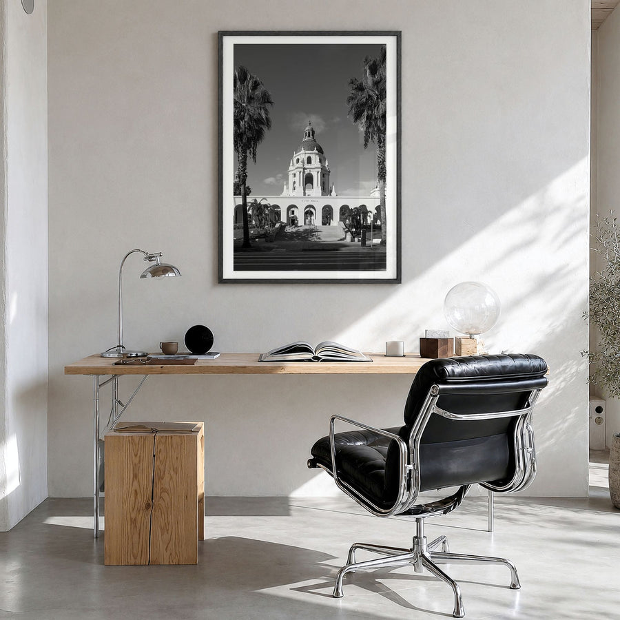 Beverly Hills Photo Poster in a black wood frame, hanging in a bright home office, white border