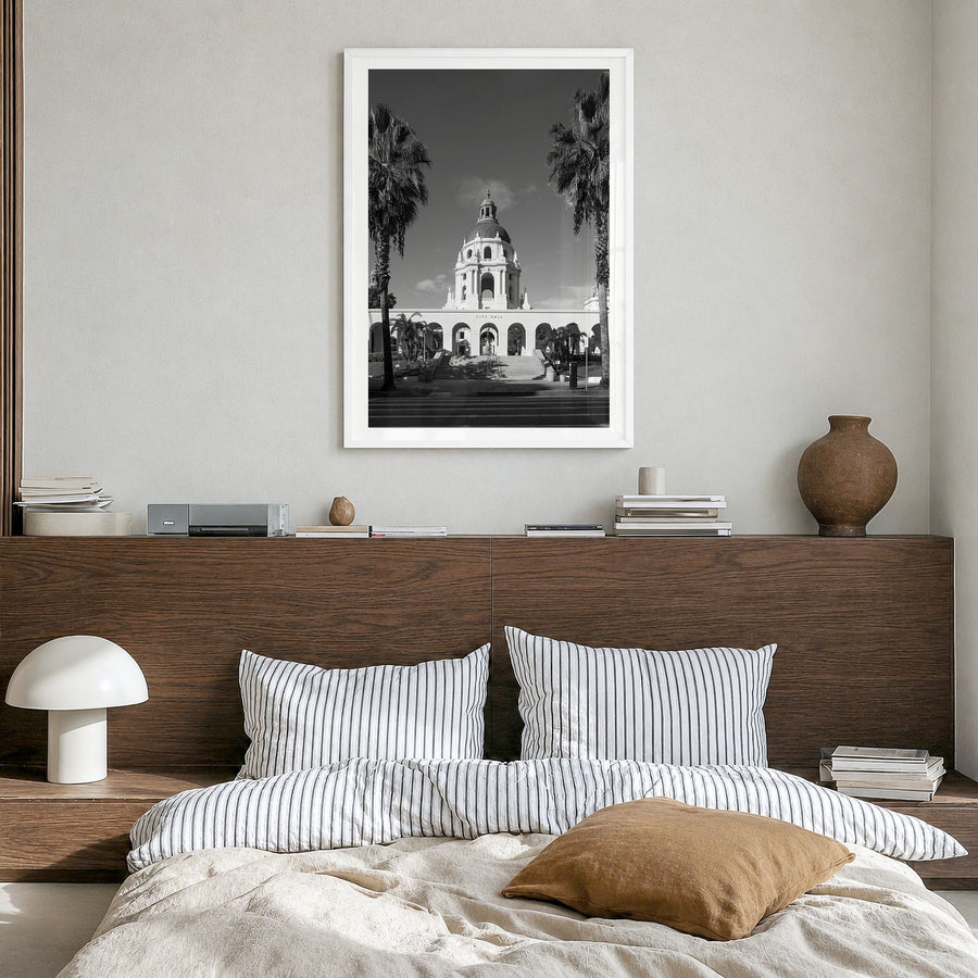 Beverly Hills Photo Poster in a white wood frame, hanging in a bedroom, white border