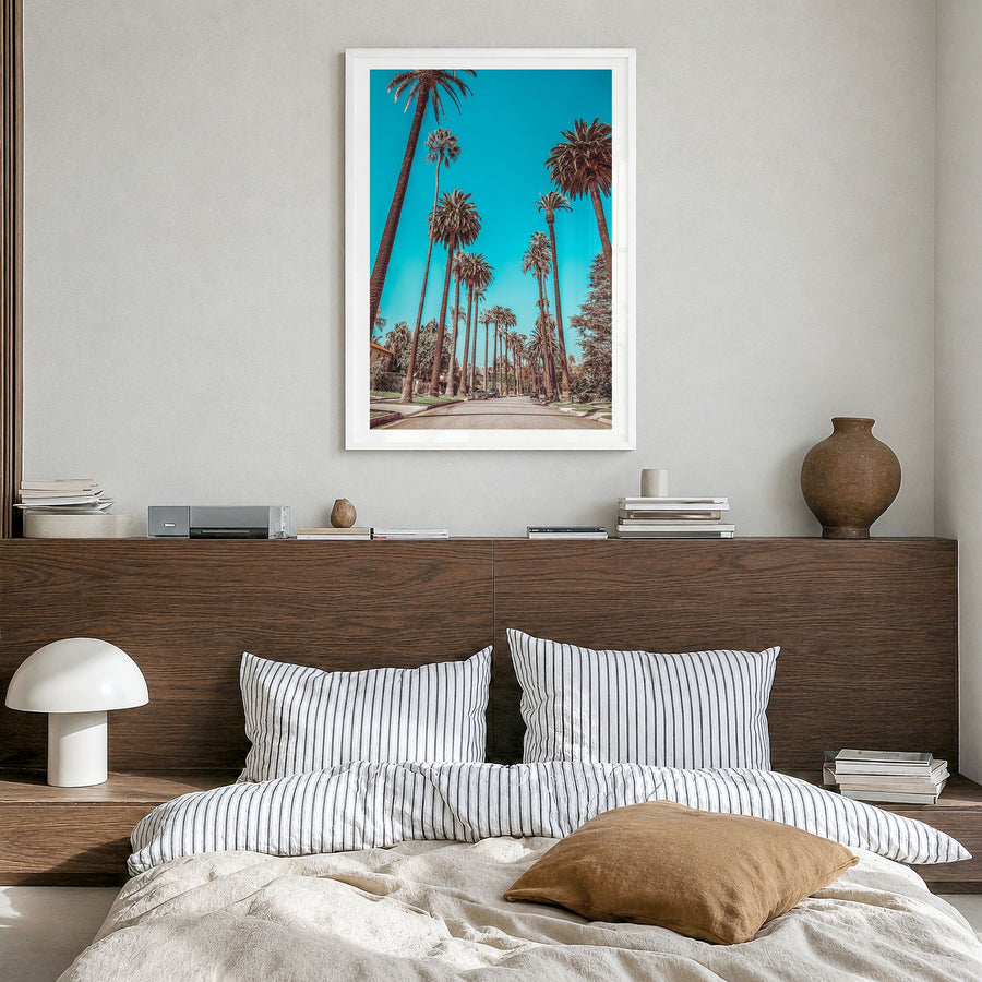 Beverly Hills Photo Poster in a white wood frame, hanging in a bedroom, white border