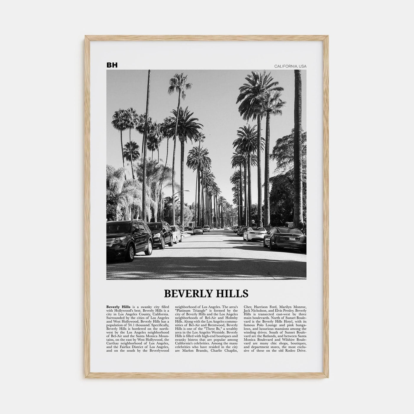 Beverly Hills Poster Natural Wood / 8x12 in Nbourhood Travel B&W Poster