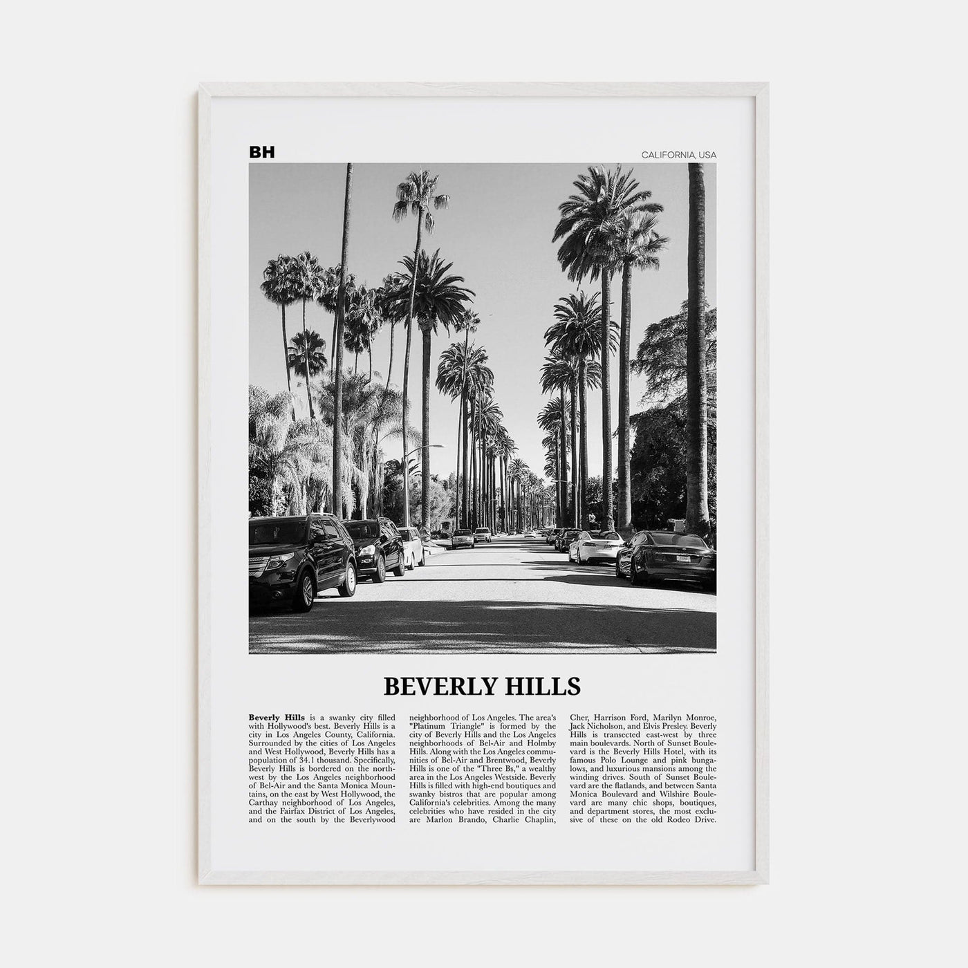 Beverly Hills Poster White Wood / 8x12 in Nbourhood Travel B&W Poster