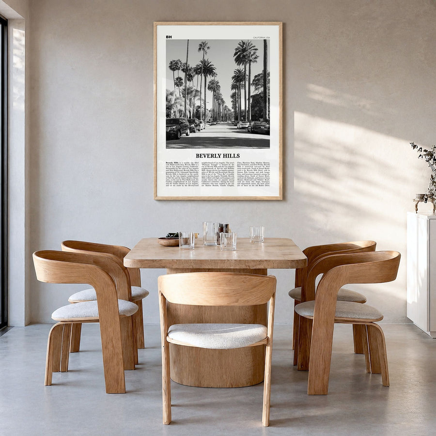 Beverly Hills Newspaper Poster in a natural wood frame, hanging in a dining room