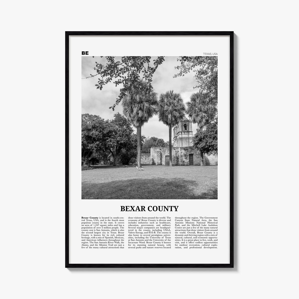 Bexar County black & white newspaper poster of Texas, USA – vertical wall art, unframed print shown in interior mockup