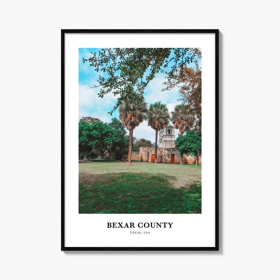 Bexar County colorful classic poster of Texas, USA – vertical wall art, unframed print shown in interior mockup