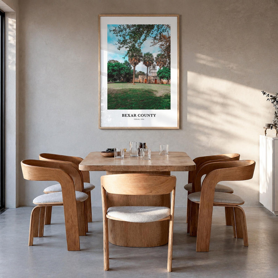 Bexar County colorful classic poster of Texas, USA – vertical wall art in natural wood frame, hanging on wall