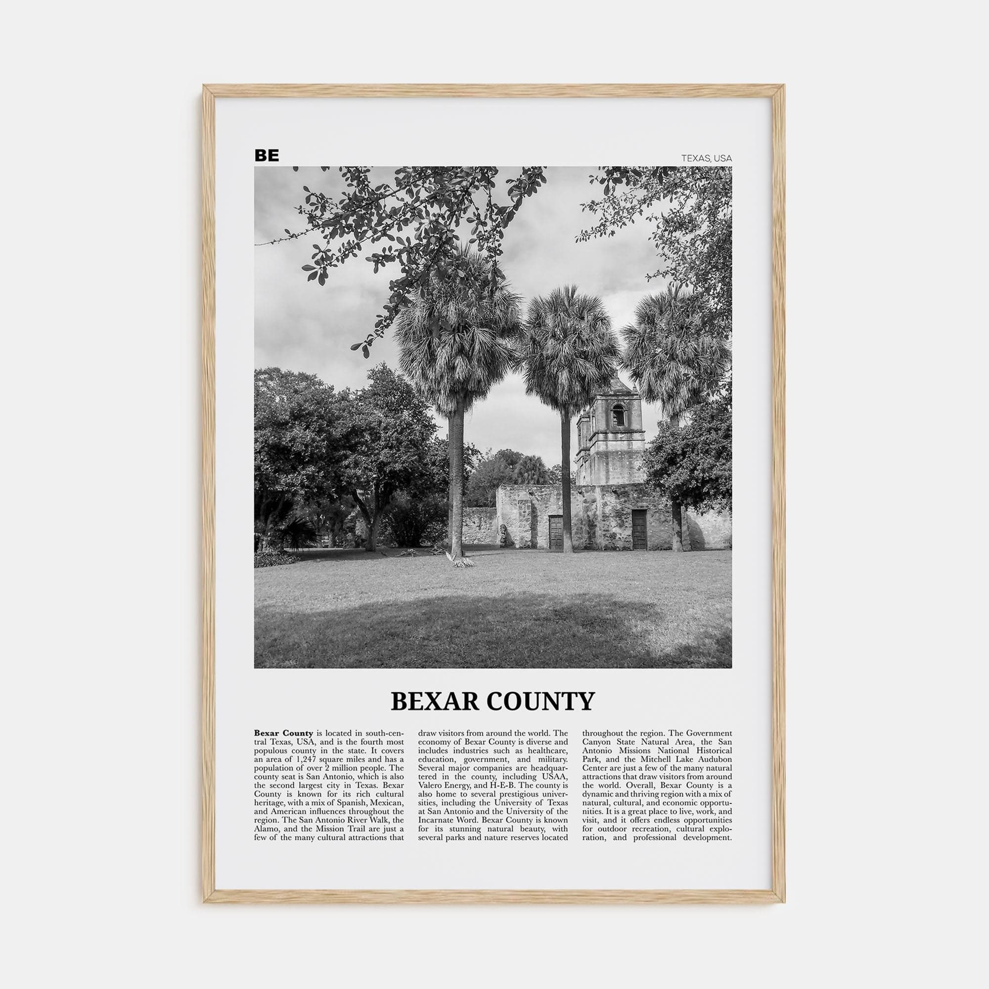 Bexar County Poster Natural Wood / 8x12 in Nbourhood Travel B&W Poster