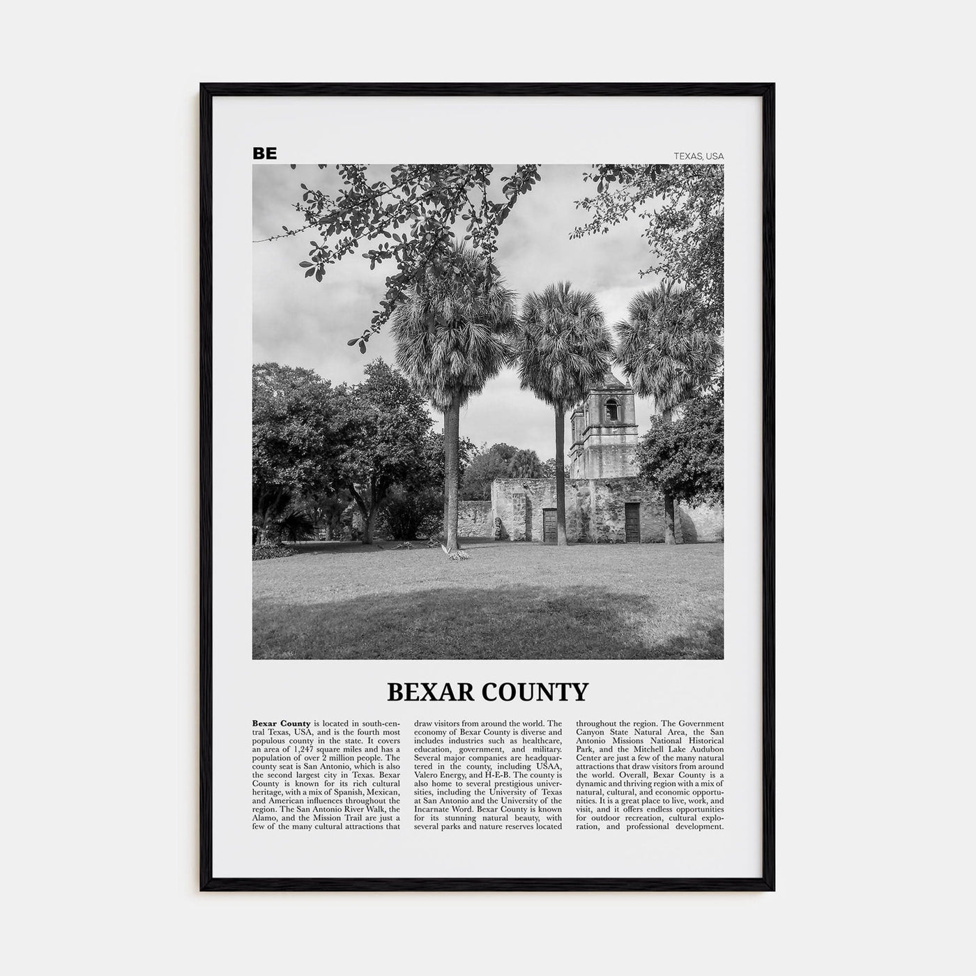 Bexar County Poster Black Wood / 8x12 in Nbourhood Travel B&W Poster