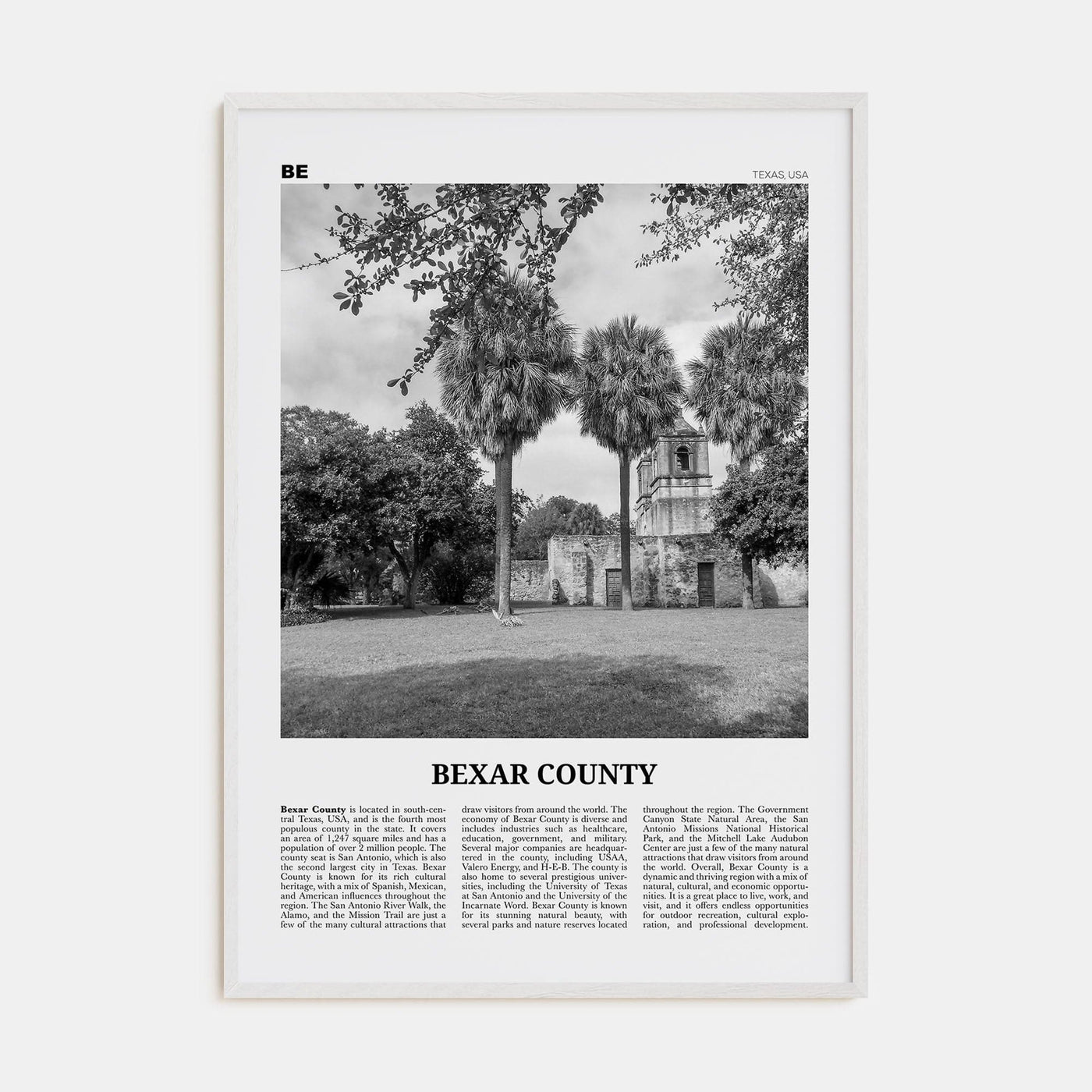 Bexar County Poster White Wood / 8x12 in Nbourhood Travel B&W Poster