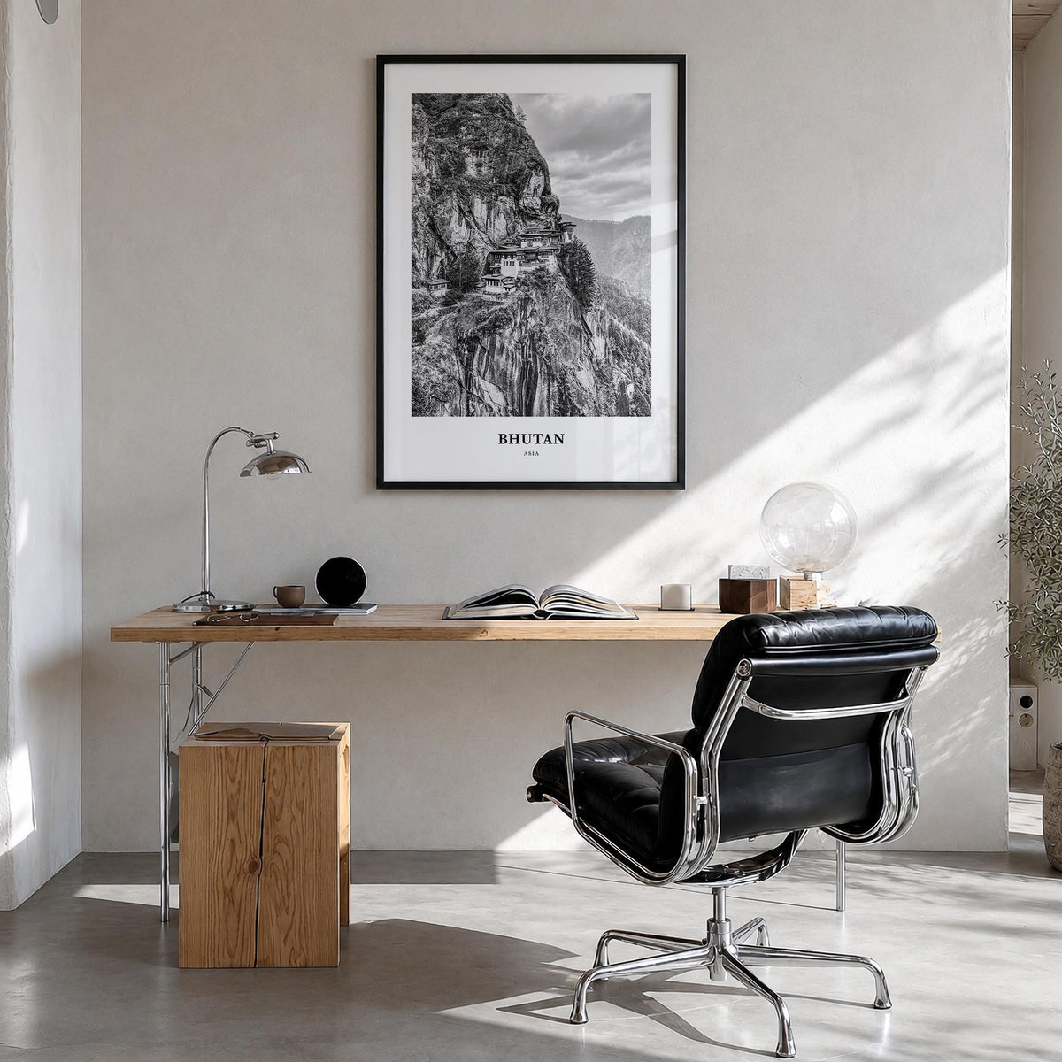 Bhutan black & white classic poster of Asia – vertical wall art in black wood frame, hanging on wall