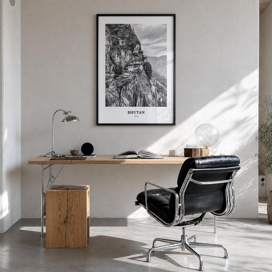 Bhutan black & white classic poster of Asia – vertical wall art in black wood frame, hanging on wall