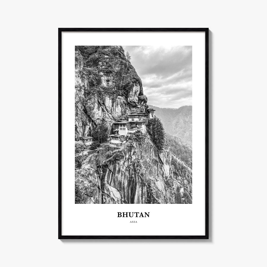 Bhutan black & white classic poster of Asia – vertical wall art, unframed print shown in interior mockup