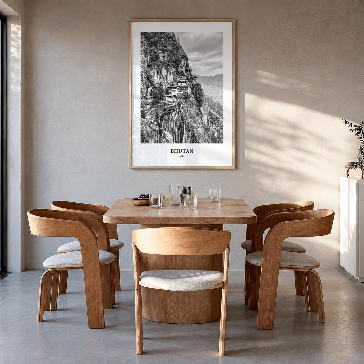 Bhutan black & white classic poster of Asia – vertical wall art in natural wood frame, hanging on wall