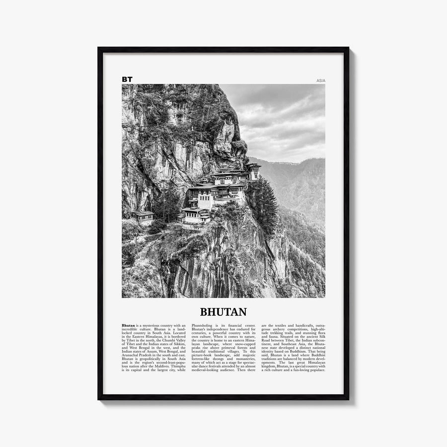 Bhutan black & white newspaper poster of Asia – vertical wall art, unframed print shown in interior mockup