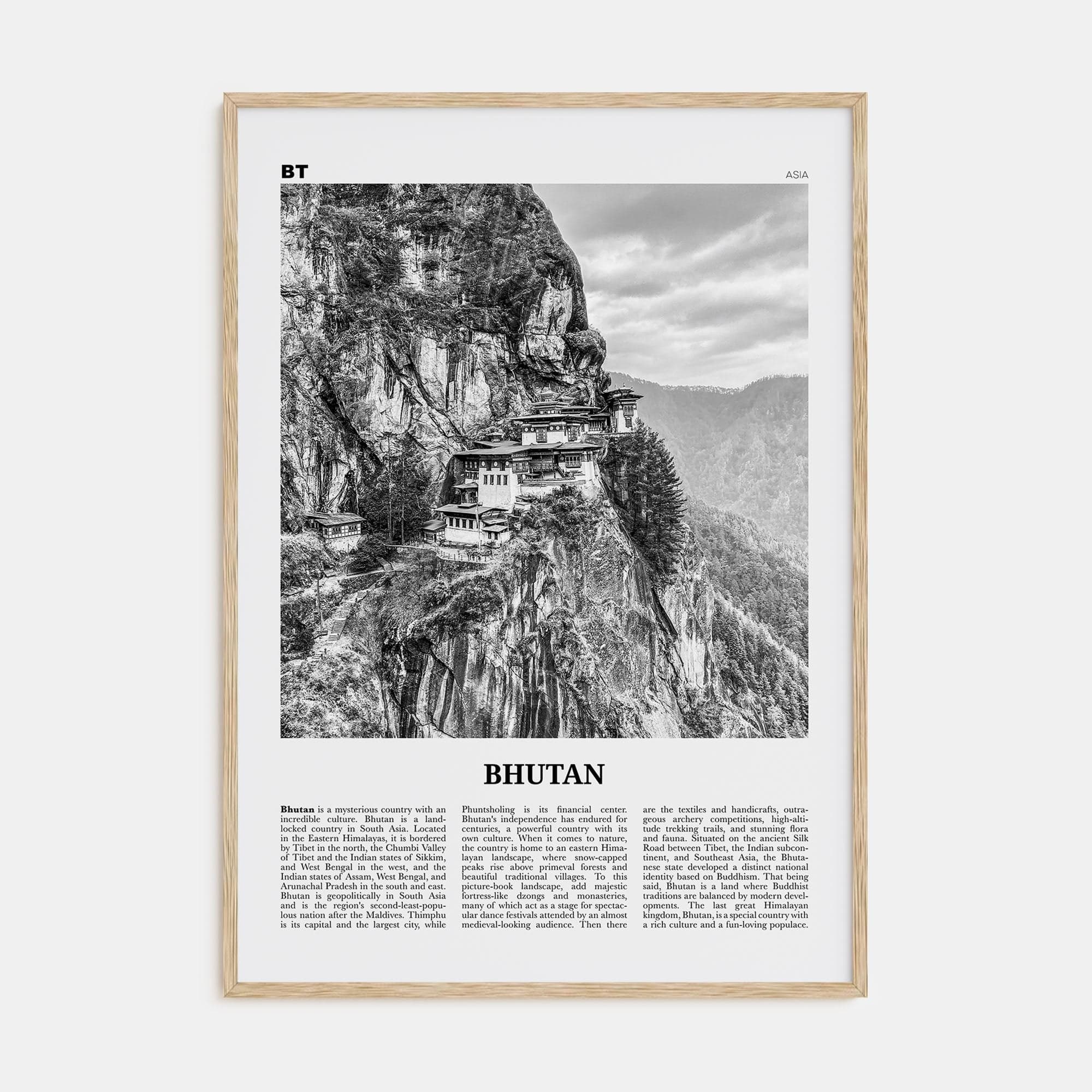 Bhutan Poster Natural Wood / 8x12 in Nbourhood Travel B&W Poster