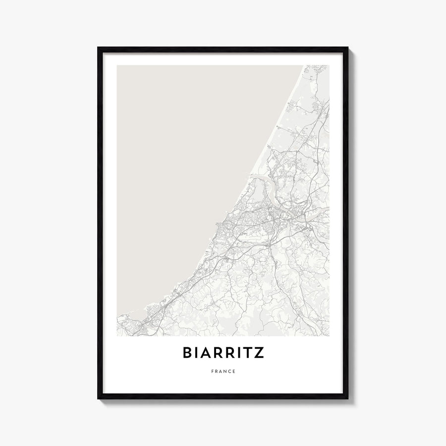 Biarritz black & white map poster of France – vertical wall art, unframed print shown in interior mockup