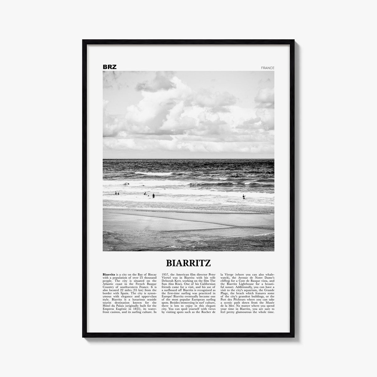 Biarritz black & white newspaper poster of France – vertical wall art, unframed print shown in interior mockup