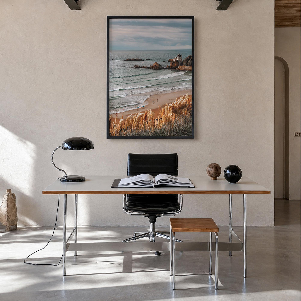 Biarritz colorful photo poster of France – vertical wall art in black wood frame, hanging on wall