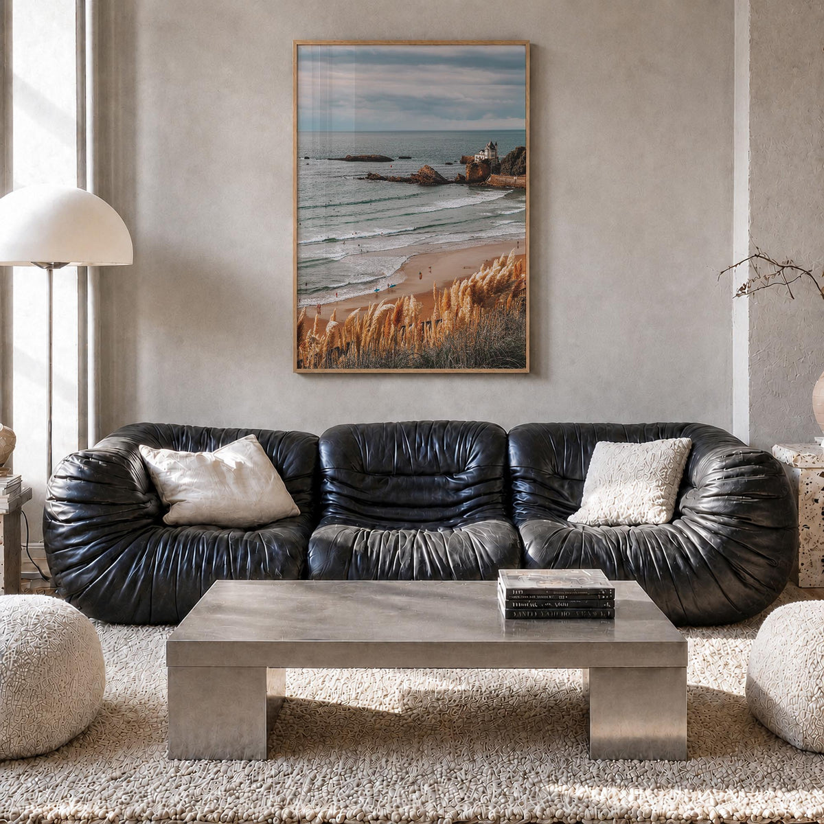 Biarritz colorful photo poster of France – vertical wall art in natural wood frame, hanging on wall