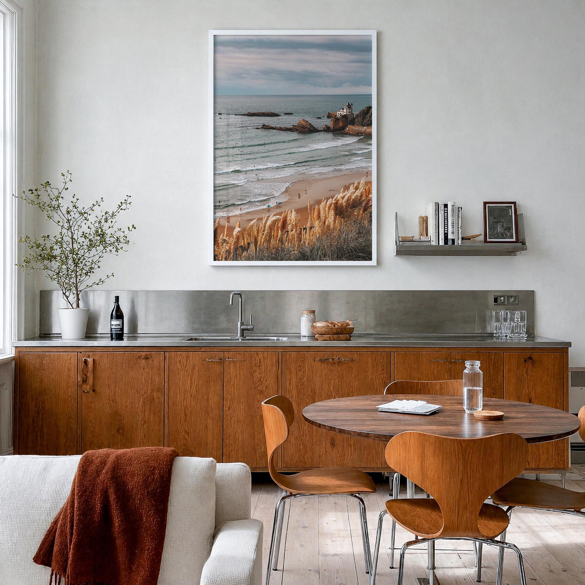 Biarritz colorful photo poster of France – vertical wall art in white wood frame, hanging on wall