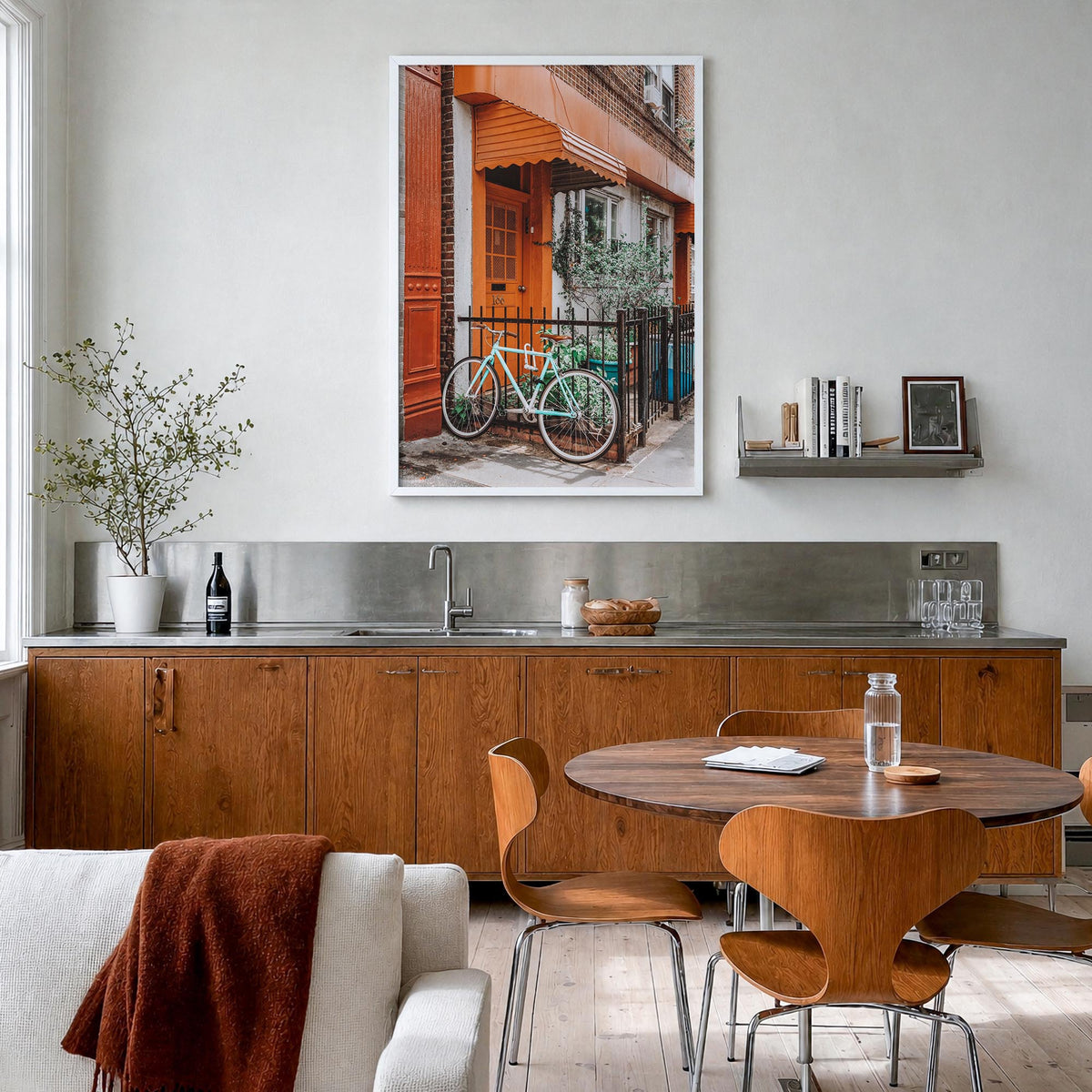 Bicycle no. 2 colorful photo poster – vertical wall art in white wood frame, hanging on wall