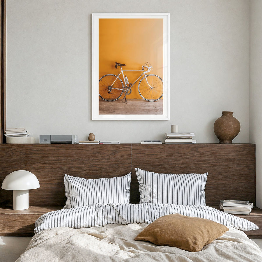 Bicycle Photo No 1 Poster in a white wood frame, hanging in a bedroom, white border