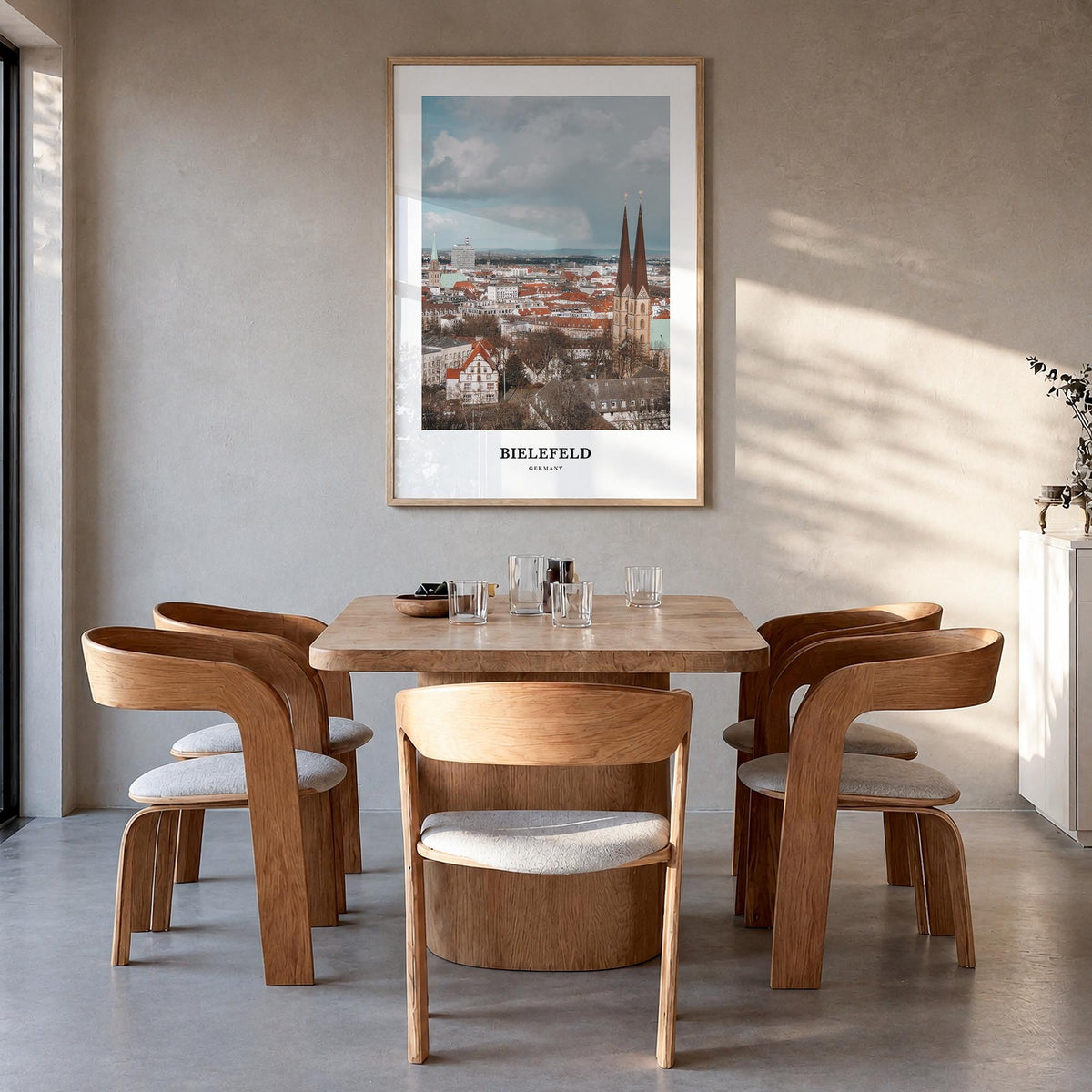 Bielefeld colorful classic poster of Germany – vertical wall art in natural wood frame, hanging on wall