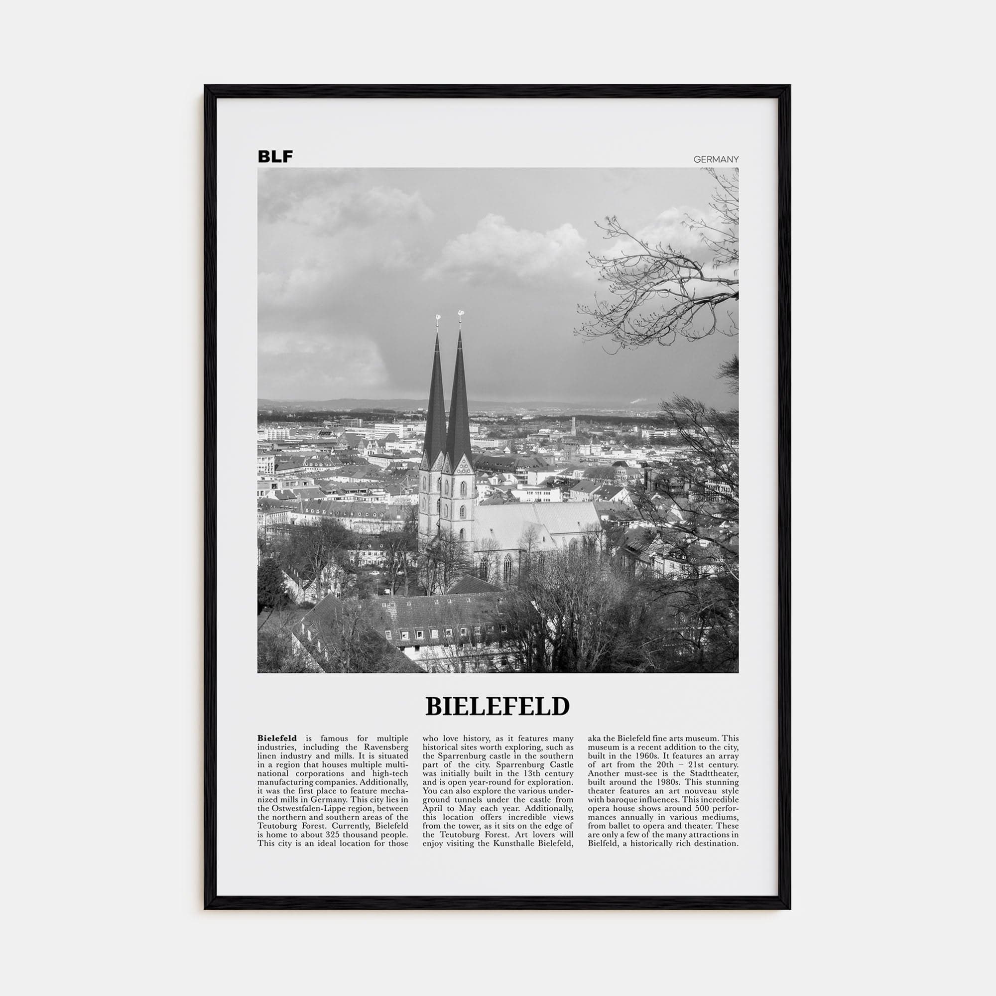 Bielefeld Poster Black Wood / 8x12 in Nbourhood Travel B&W Poster