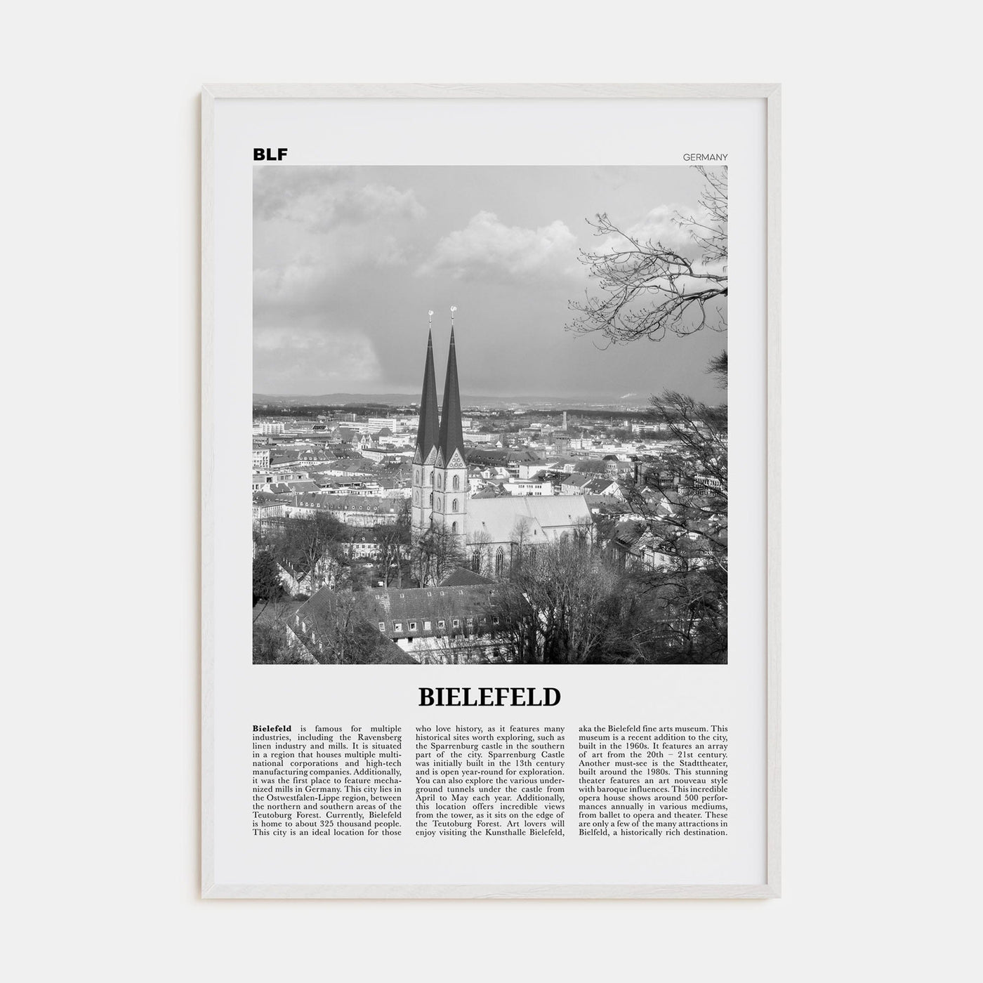 Bielefeld Poster White Wood / 8x12 in Nbourhood Travel B&W Poster