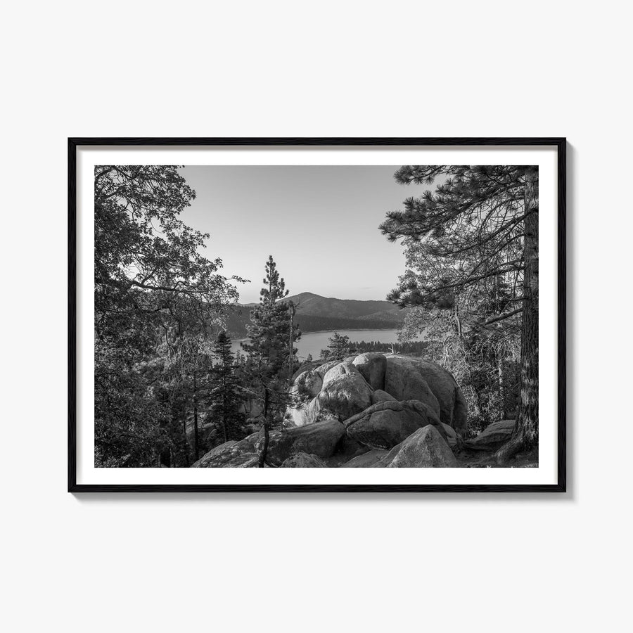 Big Bear Lake black & white photo poster of California, USA – horizontal wall art, unframed print shown in interior mockup