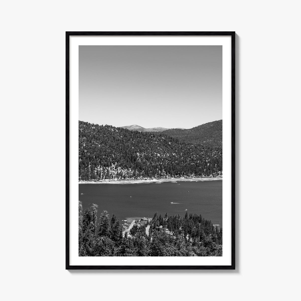 Big Bear Lake black & white photo poster of California, USA – vertical wall art, unframed print shown in interior mockup