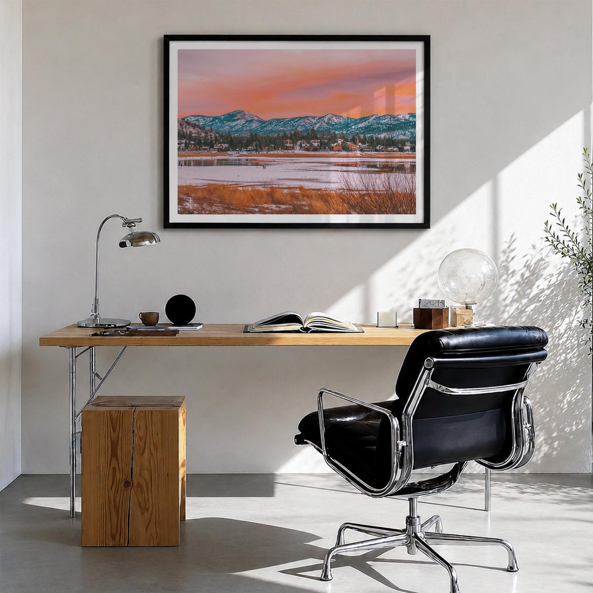 Big Bear Lake colorful photo poster of California, USA – horizontal wall art in black wood frame with white border, hanging o