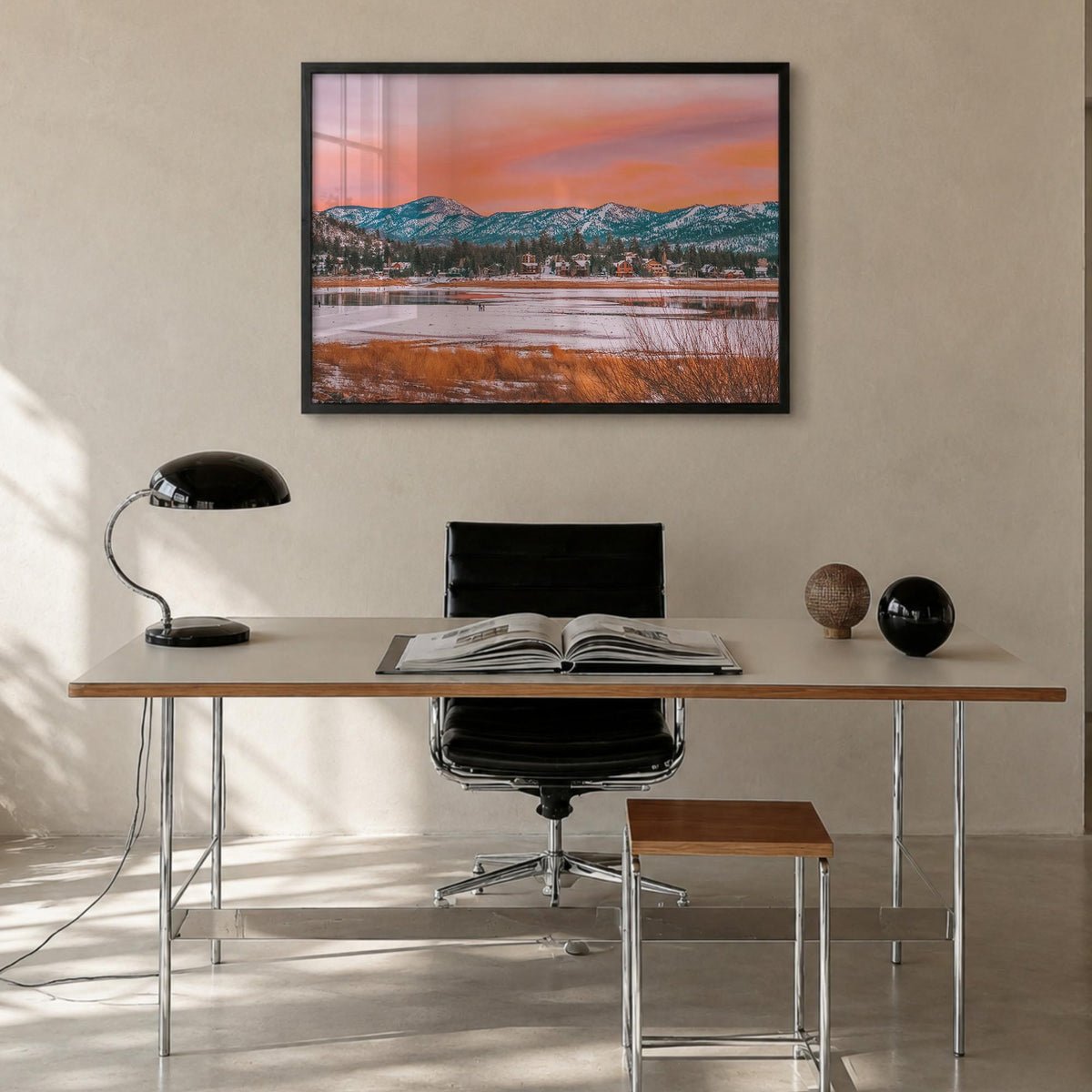 Big Bear Lake colorful photo poster of California, USA – horizontal wall art in black wood frame, hanging on wall