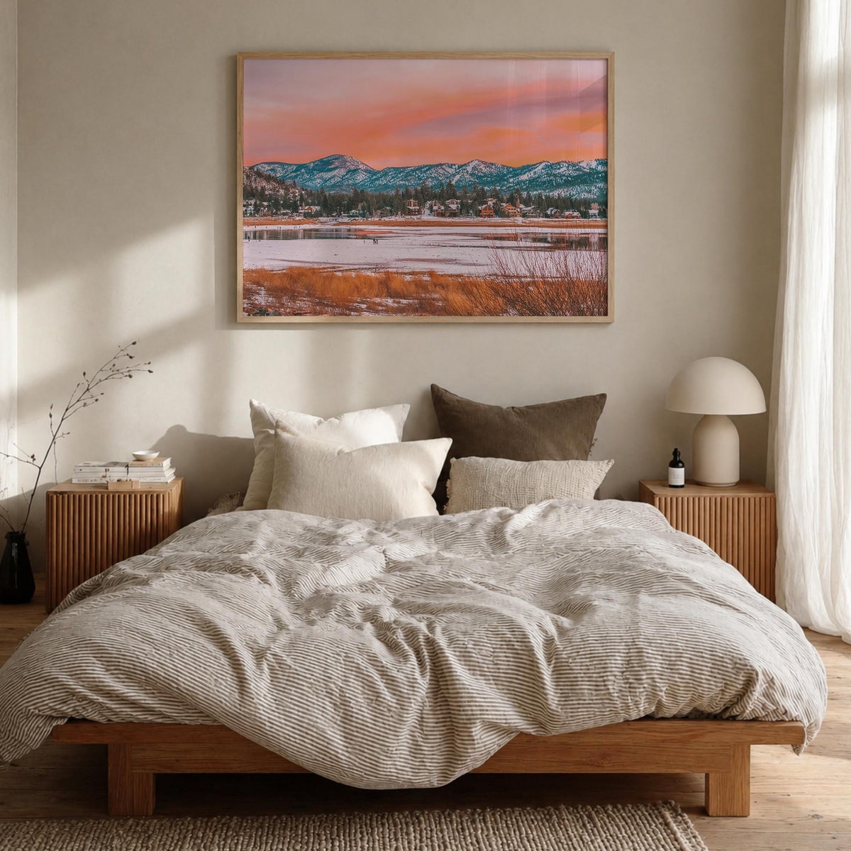 Big Bear Lake colorful photo poster of California, USA – horizontal wall art in natural wood frame, hanging on wall