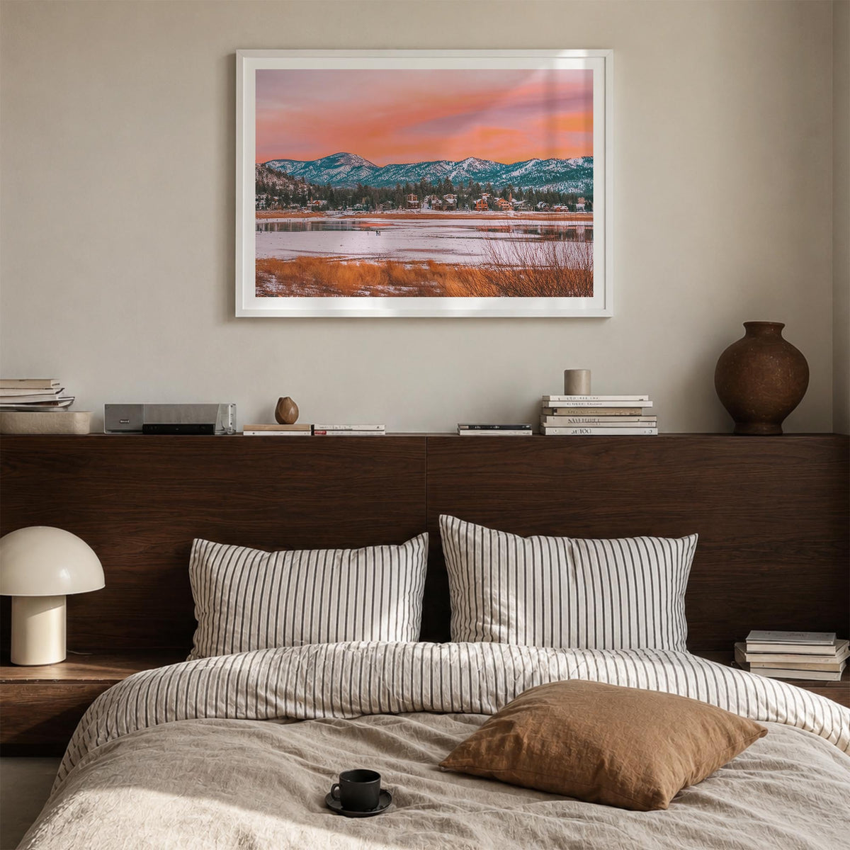 Big Bear Lake colorful photo poster of California, USA – horizontal wall art in white wood frame with white border, hanging o